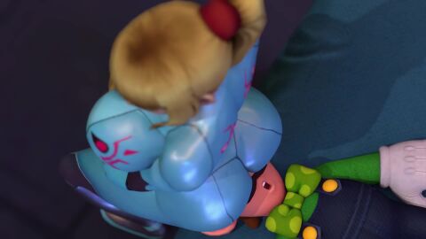 1boy 1girls 3d animated ass ass_smothering big_ass blush blushing cunnilingus_through_clothes face_in_ass female hetero kishi light-skinned_female light-skinned_male light_skin luigi male male/female mario_(series) metroid samus_aran short_playtime smothering straight tagme video