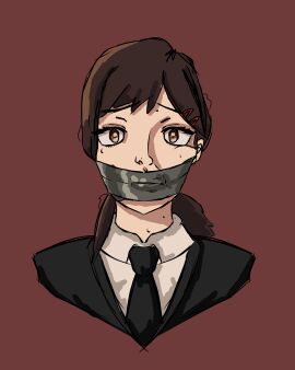 bondage chainsaw_man damsel_in_distress female gagged higashiyama_kobeni kobeni_higashiyama tape_bondage tape_gag taped_mouth tired_eyes