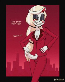 1futa artist_name balls black_nails blonde_hair blush_stickers breasts charlie_morningstar charlie_morningstar_(hazbin_hotel) cityscape cleavage clothing english_language english_text erection eyeshadow female fingernails formal futa_only futanari grin half-closed_eyes hand_on_hip hazbin_hotel high_resolution intersex intersex_only jacket large_penis long_hair long_sleeves looking_at_viewer makeup medium_breasts nail_polish pale_skin pants penis penis_out red_eyes red_jacket sharp_fingernails sharp_teeth smile solo standing suit teeth testicles text twitter_username uncensored username very_long_hair white_hair yolkiin