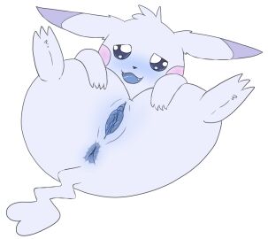 3_toes anus blue_body blue_eyes blue_skin blue_vulva blush blushing_at_viewer clitoral_hood clitoris feet female feral generation_1_pokemon genitals hair looking_at_viewer lying nintendo on_back open_mouth pale_body pale_fur peakychu pikachu pointy_ears pokemon pokemon_(species) pokopia rodent simple_background solo spiky_hair spread_anus spread_legs spread_pussy spread_vulva spreading toes vulva white_background whitefroggim