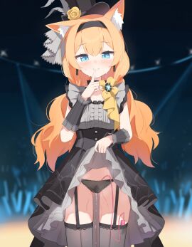 absurdres animal_ear_fluff animal_ears black_dress black_garter_straps black_hairband black_hat black_panties black_thighhighs blue_archive blue_eyes blurry blurry_background blush cat_ears cat_girl clothes_lift commentary_request dress dress_lift female finger_to_mouth flower garter_straps glowstick hairband hand_up hat hat_flower highres idol idol_clothes index_finger_raised lifting_own_clothes long_hair looking_at_viewer low_twintails mari_(blue_archive) mari_(idol)_(blue_archive) mini_hat mini_top_hat official_alternate_costume orange_hair panties pussy pussy_juice sex_toy shasha_(shasha159357) shushing sleeveless sleeveless_dress smile solo stage sweat thighhighs top_hat twintails underwear vibrator vibrator_in_thighhighs vibrator_under_clothes vibrator_under_panties young