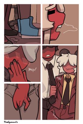 animal_humanoid being_watched bite biting_lip blush bodily_fluids bovid bovid_humanoid bulge caprine caprine_humanoid closed_eyes clothed clothing comic covering covering_mouth eline_(theelgenerate) exclamation_point eyebrows female fingers footwear fully_clothed genital_fluids group hair hi_res horn humanoid imp levi_(theelgenerate) looking_at_viewer male mammal mammal_humanoid masturbation necktie red_body sheep_humanoid shoes sound_effects teeth theelgenerate voyeur voyeurism white_hair