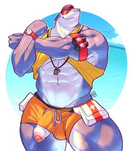 abs absurd_res anthro armband bara boner clock clothing egg_concept epic_games erection eyewear fin fish foreskin fortnite genitals grin hat head_fin headgear headwear hi_res humanoid_genitalia humanoid_penis lifeguard male male_only marine midriff muscular muscular_anthro muscular_male penis penis_through_leghole poking_out safety_first_steve shark shirt smile solo solo_male standing sunglasses swimming_trunks swimwear tank_top topwear uncircumcised watch water wet whistle_(object) whistle_around_neck wristwatch yaoi