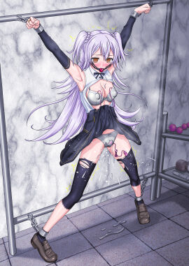 absurdres anal_beads armpits arms_up assault_lily ball_gag bare_shoulders black_ribbon black_skirt black_socks blush bondage bound bound_ankles bound_wrists bow bow_bra bow_panties bra braid breasts chained chains cleavage clenched_hand clothes_lift collared_shirt commentary_request commission cuffs detached_leggings detached_sleeves egg_vibrator empty_eyes female female_only femsub full_body gag gagged grey_bow grey_bra grey_panties hair_between_eyes half-closed_eyes highres himekari_guneru hitachi_magic_wand indoors jewelry legs_apart loafers long_sleeves looking_ahead medium_breasts miniskirt neck_ribbon nose_blush open_clothes open_shirt original panties purple_hair pussy pussy_juice pussy_juice_drip_through_clothes pussy_juice_puddle pussy_juice_stain raised_eyebrows remote_control_vibrator restrained ribbon ring saliva school_uniform sex_toy shackles shadow shelf shirt shoes skeb_commission skirt skirt_lift sleeveless sleeveless_shirt socks solo stained_panties standing stationary_restraints steaming_body sweat syringe takamatsu_sayaka_(lily_sayaka) tearing_up tile_floor tiles tiptoes torn_clothes trembling two_side_up underbust underwear vibrator vibrator_under_clothes white_shirt yellow_eyes yurigaoka_girls_academy_school_uniform