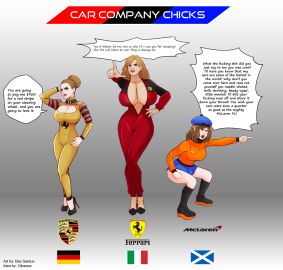 becsantus big_breasts boots bottomwear breasts brown_hair cleavage clothed clothing english_text female ferrari footwear germany group hair hat headgear headwear hi_res high_heels human italy letterbox light_body light_skin logo logo_on_clothing mammal mclaren miniskirt parody porsche profanity racing_suit satire scotland skirt speech_bubble sweater tan_body tan_skin text topwear trio wide_hips