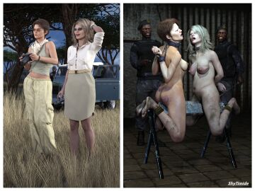 2boys 2girls 3d arms_behind_back barefoot before_and_after blonde_hair bondage bound bound_ankles bound_wrists brown_hair captured collar completely_nude dark-skinned_male dark_skin dirty dirty_feet feet female kidnapped male nude nude_female original rope short_hair shytimide torture_chamber tortured wooden_horse