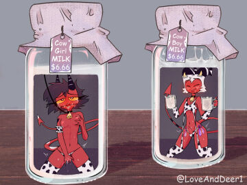 1boy 1girls bondage both_sexes_in_same_situation closed_eyes condom condom_belt condoms condoms_on_body cow_print cowgirl cum cum_in_container demon demon_boy demon_girl demon_tail drinking_cum female femsub gag helluva_boss loveanddeer1 male male_and_female_subs malesub masturbation milk_bottle millie_(helluva_boss) moxxie_(helluva_boss) multiple_subs price sale submissive_male tail used_condom
