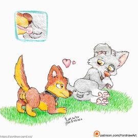 3_fingers animal_genitalia animal_penis anus ass ass_up balls balls_lick canid canine canine_genitalia canine_penis canis chase_(paw_patrol) collar domestic_dog duo eye_contact feet feral fingers foot_fetish genitals grass hi_res licking looking_at_another lying male male/male mammal nickelodeon on_back oral patreon patreon_logo patreon_username paw_patrol pawpads paws penis plant raised_tail rocky_(paw_patrol) sex shy tail text tongue tongue_out url yordraw