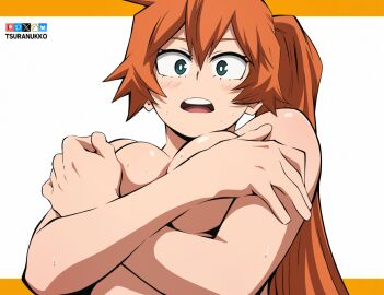 1girls artist_name big_breasts blue_radio blush boku_no_hero_academia breasts covered_nipples covering_breasts embarrassed female female_focus female_only green_eyes itsuka_kendou kendou_itsuka looking_at_viewer my_hero_academia orange-haired_female orange_hair solo solo_female solo_focus sweat topless tsuranukko