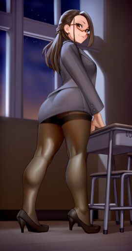 absurdres black_pantyhose black_shoes brown-framed_eyewear brown_hair calves chair classroom commentary defined_calves desk earrings english_commentary evening female from_side full_body glasses grey_jacket half_updo high_heels highres indoors jacket jewelry kairuhentai kairunoburogu kneepits large_variant_set long_hair long_sleeves looking_at_viewer miru_tights okuzumi_yuiko pantyhose revision school_desk semi-rimless_eyewear shoes smile solo standing teacher thighband_pantyhose under-rim_eyewear variant_set window
