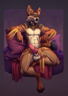 4_toes absurd_res animal_genitalia animal_penis anthro balls bedroom_eyes biped canid canine canine_genitalia canine_penis canis collar coyote erection feet fur genital_piercing genitals hi_res knot kojote male mammal narrowed_eyes nude nude_anthro nude_male paws penis penis_piercing piercing scrotum scrotum_piercing seductive sitting smile solo tazara toes