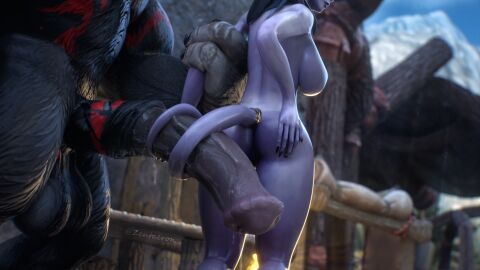 1boy 1girls black_hair blizzard_entertainment blue_skin draenei from_behind hand_on_ass horsecock huge_ass huge_breasts huge_cock long_hair smug tail tailjob tauren wide_hips world_of_warcraft zentaeron