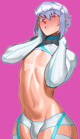 1boy arched_back blush bulge cowboy_shot femboy gloves gray_hair grey_hair hips light-skinned_male looking_at_viewer male male_only meme_attire narrow_waist navel original original_character otoko_no_ko painted_nails parted_lips pink_background purple_background red_eyes revealing_clothes shrug_(clothing) silver_hair simple_background sleeves_past_fingers sleeves_past_wrists solo sotcho standing tagme trap underwear waist white_eyelashes white_hair wide_hips