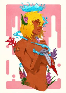 1girls black_skin bleach bloody_knife corral crown female female_only flower_in_hair flowers flowers_in_hair flowers_on_body knife stomach tia_harribel water yellow_hair