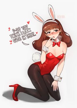 1girls blush brown_hair bunny_costume bunny_ears bunny_tail bunnysuit cute cute_face english_text female freckles freckles_on_face genderswap high_heels ikstina kneeling latex latex_clothing latex_suit lipstick makeup morticia_smith morty_smith png questionable rick_and_morty rule_63 shy sitting sitting_on_floor solo_female stockings text thighs tights
