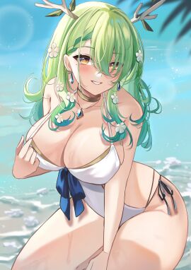 1girls antlers beach breasts ceres_fauna choker earrings female green_hair hair_flower haruuukuma hololive hololive_english hololive_english_-council- hololive_english_-promise- large_breasts long_hair looking_at_viewer mole mole_under_eye necklace ocean one-piece_swimsuit outside swimsuit virtual_youtuber water white_one-piece_swimsuit white_swimsuit yellow_eyes