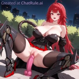 1girls ai_generated bare_shoulders belt blunt_bangs breasts bush cleavage collarbone detached_sleeves dildo dildo_riding dress female full_body huge_dildo imminent_penetration lipstick long_sleeves looking_at_viewer makeup medium_breasts night nihilister_(nikke) nikke no_panties off-shoulder_dress outdoors pleated_dress pussy sex_toy shoes smile solo spread_legs strapless strapless_dress tagme thighhighs video