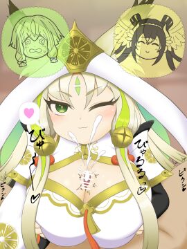 arahime_the_manifested_mikanko boobjob breasts censor_bar cum_between_breasts cum_on_face duel_monster female fox_ears green_eyes hair_streak heart hu-li_the_jewel_mikanko more_at_source ohime_the_manifested_mikanko rntagme_(artist)