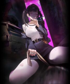 1boy 1girls animated belt belt_collar big_breasts black_collar black_hair blue_skirt blush brown_eyes collar female_domination goddess_of_victory:_nikke jacket light-skinned_female light_skin long_hair long_sleeves no_sound open_clothes open_jacket pantyhose skirt smile sora_(nikke) tagme thigh_strap twintails video white_shirt