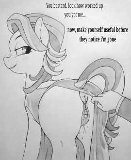 absurd_res animal_genitalia animal_pussy anus ass blush bodily_fluids clitoral_winking clitoris clothing clothing_aside dialogue dock_(anatomy) dress dress_aside earth_pony english_text equid equine equine_anus equine_genitalia equine_pussy female feral friendship_is_magic genital_fluids genitals hasbro hi_res horse human human_on_feral interspecies looking_back male male_human/female_feral male_on_feral mammal milf monochrome my_little_pony partial_male perrox pony puffy_anus pussy spoiled_milk-rich spoiled_rich_(mlp) tail text traditional_media_(artwork) vaginal_fluids zoophilia