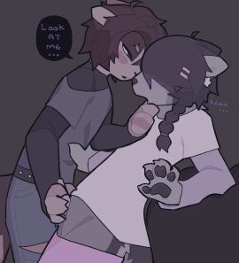 2024 accessory anthro belt black_clothing black_topwear blush bottomwear braided_hair brown_body brown_fur brown_hair calico_cat callie_(vinqou) canid canine clothed clothing domestic_cat duo ear_piercing eyebrow_piercing facial_piercing felid feline felis fox fur genitals grey_body grey_clothing grey_hair grey_topwear hair hair_accessory hair_over_eyes male mammal orange_body pants penis piercing pink_clothing platinum_fox purple_clothing purple_topwear red_fox reina_(vinqou) star topwear torn_bottomwear torn_clothing torn_pants trans_man trans_woman transfem transmasc true_fox vinqock white_body white_clothing white_fur white_topwear