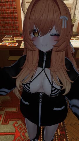 1girls 3d bangs big_breasts bikini bikini_top black_eyeliner black_hoodie blush bow_in_hair breasts female ginger ginger_hair holding_camera hoodie long_hair red_hair silentium1620 silya smile smiling sneakers unzipped unzipped_hoodie vrchat vrchat_avatar white_bow white_skin white_skinned_female wink winking