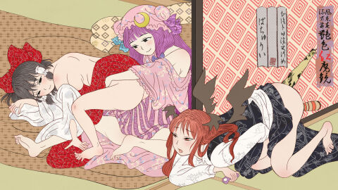 3girls ahe_gao all_fours anal anal_object_insertion ass bare_shoulders barefoot black_eyes black_hair black_skirt black_vest blush bow breasts character_name cloritin commentary_request crescent crescent_hat_ornament demon demon_wings detached_sleeves double_penetration dress female female_masturbation hair_tubes hairbow hakurei_reimu hat hat_ornament head_wings highres koakuma long_hair masturbation multiple_females multiple_girls nihonga nontraditional_miko object_insertion open_mouth patchouli_knowledge purple_dress purple_hair purple_hat pussy red_eyes red_hair sex_toy shirt shunga skirt smile succubus touhou translation_request ukiyo-e vaginal_object_insertion vaginal_penetration vest vibrator white_shirt wide_sleeves wings yuri