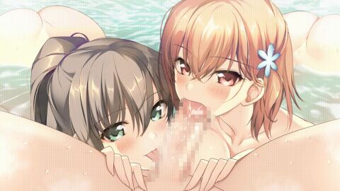1boy 2girls animated ass atelier_kaguya atelier_kaguya_honky-tonk_pumpkin blush brown_hair bubble_de_house_de_marumarumaru censored collaborative_fellatio completely_nude fellatio female game_cg green_eyes hairpin izumi_fuuka licking_penis long_hair looking_at_viewer male morishita_nagisa nude nude_female oral orange_hair penis red_eyes short_hair smile threesome water yoppy