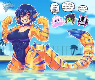 big_ass big_breasts big_butt big_thighs big_titties bikini blue_hair breasts clothing commission crisdeku curvaceous curvaceous_female curvaceous_figure curvy curvy_figure curvy_hips female female_focus female_only furry furry_female furry_only original original_character pool short_hair strong strong_female yellow_fur