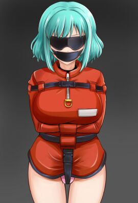 aqua_hair bad_id bad_pixiv_id belt blindfold bondage bound breasts commentary_request female gagged grey_background highres large_breasts original panel_gag panties photoshop_(medium) pink_panties rebake rebake-1453 short_hair straitjacket underwear zipper
