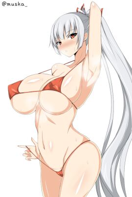 1girls 2024 alternate_hairstyle arm_up armpits bikini bikini_pull blush bow breasts cameltoe camera cleavage clothes_pull covered_erect_nipples cowboy_shot female fujiwara_no_mokou grey_hair hair_bow holding large_breasts long_hair looking_at_viewer micro_bikini musuka_(muska) navel open_mouth ponytail pussy red_eyes simple_background solo standing sweat swimsuit tagme touhou twitter_username very_long_hair white_background