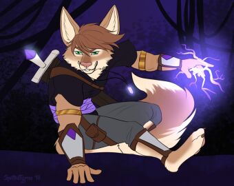 2018 anthro black_bottomwear black_clothing black_pants bottomwear brown_body brown_fur brown_hair canid cheek_tuft clothed clothing dated facial_tuft fur green_eyes grey_bottomwear grey_clothing grey_pants hair magic_user male mammal narrowed_eyes pants short_hair signature solo spottedtigress tan_body tan_fur tiggybloom tuft