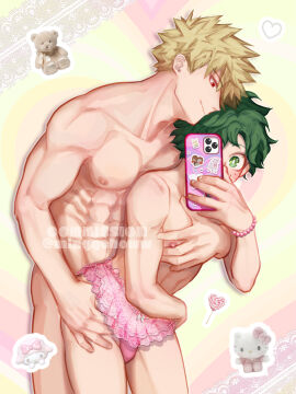 2boys abs armpits bakugou_katsuki bare_hips bare_legs blonde_hair blush bones_(studio) bracelet candy cellphone chest clothing crossdressing curly_hair duo femboy food freckles gay green_eyes green_hair groin hand_on_another's_hip heart hello_kitty hello_kitty_(character) hello_kitty_(series) holding holding_phone izuku_midoriya jewelry katsuki_bakugou kitty_white legs lollipop male male/male male_focus male_only midoriya_izuku minggchoww multiple_boys multiple_males muscles muscular muscular_legs muscular_male muscular_sub my_hero_academia nipples nude onegai_my_melody panties pastel_colors pectorals phone pink_panties pink_skirt pink_thong_panties plush red_eyes sanrio scar selfie sexually_suggestive short_hair shounen_jump skirt smartphone smile spiked_hair sticker stuffed_animal stuffed_toy swimsuit teddy_bear teenager thong topless twink underwear yaoi