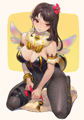 1girls bee_costume black_hair black_leotard bowtie breasts cleavage earrings fake_wings female female_only final_fantasy final_fantasy_vii fishnet_pantyhose fishnets fur_collar hair_flower honey_bee_inn large_breasts leotard long_hair looking_at_viewer pantyhose red_eyes shop_p stinger tifa_lockhart wariza wings wrist_cuffs