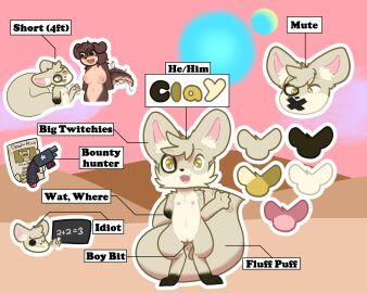 amputee anthro big_ears big_tail breasts bunnyqueen canid canine clay_(piebunny) cuntboy cuntboy_with_breasts desert disability fennec_fox fox genitals gun hi_res intersex mammal math missing_arm model_sheet multi_nipple nipples pussy ranged_weapon solo tail tail_motion tailwag true_fox weapon