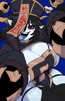 1girls artist_logo big_breasts black_hair black_sclera blue_background blue_tongue breasts chinese_clothes chinese_mythology cleavage fangs female female_only halloween jiangshi jiangshi_costume light-skinned_female light_skin looking_at_viewer mei_lan_(zanamaoria) monster_girl mythology ofuda ofuda_on_head one_eye_covered open_mouth pale-skinned_female pale_skin pointy_ears public_domain qing_guanmao red_eyes sharpxfangs sideboob smiling smiling_at_viewer solo solo_focus tongue tongue_out undead vampire wide_sleeves