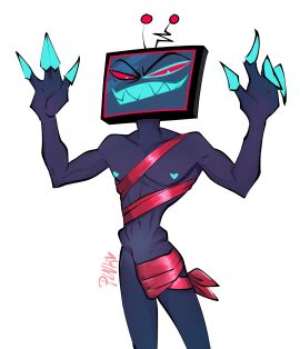 1boy 2024 4_fingers artist_name athletic athletic_humanoid athletic_male blue_body blue_eyes blue_skin bulge claws demon demon_humanoid detailed_bulge digital_drawing_(artwork) digital_media_(artwork) electronics finger_claws fingers for_a_head genital_outline hazbin_hotel heart_nipples hellaverse hi_res humanoid looking_at_viewer male male_only meme mostly_nude mostly_nude_humanoid mostly_nude_male navel nipples not_furry nude_guy_wrapped_in_ribbons_standing_(meme) object_head pecs penis penis_outline pinksartdump pupils red_sclera screen screen_face screen_head sharp_teeth simple_background slit_pupils smile solo solo_focus solo_male teeth television text tv_head vox_(hazbin_hotel) watermark white_background wrapped wrapped_up wrappings