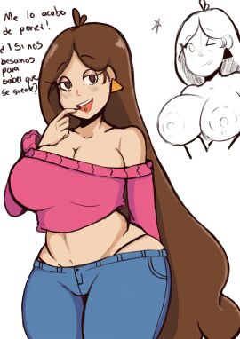 1girls aged_up apron ass big_ass big_breasts big_butt blush breasts brown_eyes brown_hair clothed clothing dildo disney disney_channel disney_xd doritos earrings female female_only gravity_falls light-skinned_female light_skin long_hair looking_away looking_to_the_side mabel_pines nadja_relish outerwear panties solo solo_female spanish_text sweater thick_thighs thong thunder_thighs tongue_piercing