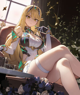 1girls bare_shoulders black_gloves blonde_hair blue_flower blue_rose blush breasts chest_jewel cleavage cleavage_cutout closed_mouth clothing_cutout commentary_request core_crystal core_crystal_(xenoblade) crossed_legs detached_sleeves dress female flower gloves gold_trim green_eyes hand_up headpiece highres hip_vent indoors large_breasts long_hair looking_at_viewer microdress mythra mythra_(xenoblade) rose sitting skindentation solo swept_bangs thick_thighs thigh_strap thighs tiara two-tone_gloves white_dress white_gloves xenoblade_(series) xenoblade_chronicles_(series) xenoblade_chronicles_2 xzu