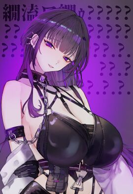 1girls bangs bare_shoulders belts black_hair bra breasts chains choker cleavage earrings eyebrows_visible_through_hair female female_only gloves goddess_of_victory:_nikke hair_intakes hair_ornament highres huge_breasts jacket_off_shoulders japanese_text latex latex_bra light-skinned_female light_skin long_hair looking_at_viewer mihara_(nikke) miniskirt purple_background purple_eyes simple_background smile smiling_at_viewer yukubussu