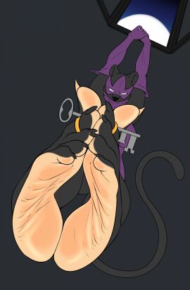 5_fingers 5_toes anthro armwear barefoot between_toes big_breasts black_claws breasts claws clothed clothing conditional_dnp countershade_feet countershading digit_ring elbow_gloves empty_eyes feet felid female foot_fetish foot_focus fur furry furry_female gloves handwear hi_res holding_object humanoid_feet jewelry key mammal mask ms._renee_l'noire pantherine plantigrade purple_clothing purple_gloves ring sole_tunnel soles solo solo_female tail toe_claws toe_ring toes window wrinkled_feet wrinkles zp92