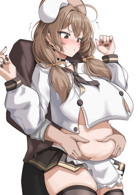 1boy 1girls absurd_res apron apron_only bbw belly belly_grab big_breasts blush bready_(nikke) breasts brown_eyes brown_hair chubby chubby_female clothed clothing digital_media_(artwork) eyebrows eyelashes female glistening glistening_body goddess_of_victory:_nikke grabbing_belly headgear headwear hi_res hourglass_figure huge_breasts light-skinned_female light-skinned_male light_skin male male/female motion_lines plump sekkno thick_thighs unseen_male_face video_games voluptuous voluptuous_female wide_hips