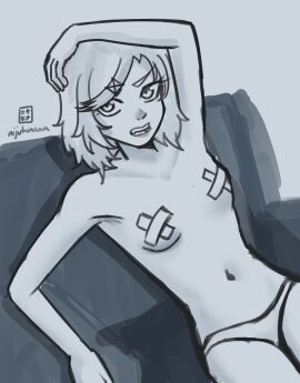 1girls bandaid bandaids bandaids_on_nipples breasts doki_doki_literature_club ecchihinaa female natsuki_(doki_doki_literature_club) nipples_covered panties sketch