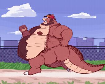 animated anthro beard belly brown_body brown_fur brown_hair claws clothing cloud detailed_background dragon facial_hair fangs fur hair hat headgear headwear horn kofu_(character) kofu_grizzly_chubby male male_focus male_only mythological_creature mythological_scalie mythology nipples nude overweight pubes reptile running scalie sigh solo tail teeth toe_claws