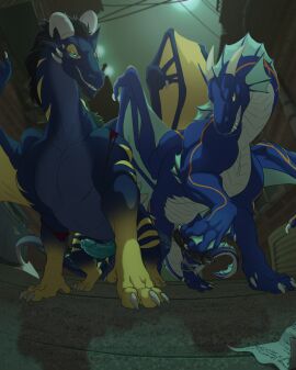 2_horns after_transformation alley aroused aroused_face aroused_smile claws clothing digital_drawing_(artwork) digital_media_(artwork) dragon duo erection feet feral genitals hair hi_res hindpaw horn looking_at_viewer male male/male muscular muscular_feral muscular_male mythological_creature mythological_scalie mythology nude outside paws penis penis_towards_viewer post-transformation rape_face scalie smile smiling_at_viewer storm_(wyvern) tail teeth thestory toe_claws toes torn_clothing transformation wings zekas