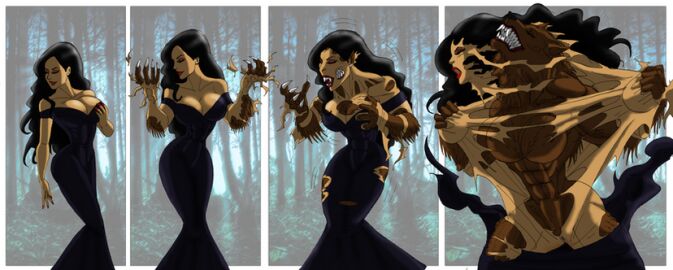 1girls abs black_dress black_hair breasts brown brown_fur canine claws closed_eyes disguise dress eyelashes female female_only forest_background furry human_to_anthro johnnyharadrim large_breasts muscular muscular_female original original_character pearl_earrings pointy_ears skinsuit tagme tearing_clothes transformation transformation_sequence werewolf wide_hips