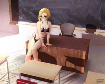 1girls artist_signature bikini black_bikini blonde_hair classroom female glasses glynda_goodwitch green_eyes jay156 light-skinned_female light_skin looking_at_viewer mature_female rwby solo tagme teacher