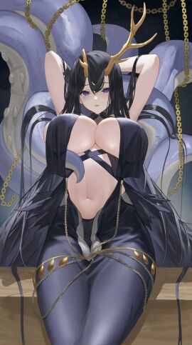 antlers arms_behind_head arms_up azur_lane black_dress black_hair blush breast_curtains breasts cg chains cleavage dress female golden_hind_(azur_lane) horns huge_breasts large_breasts long_hair looking_at_viewer mole mole_under_mouth navel purple_eyes reindeer_antlers revealing_clothes sitting solo stomach tentacle underboob very_long_hair