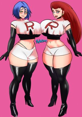 2024 2024s 2girls ass big_ass big_breasts biting_lip blue_eyes blue_hair blue_iris boobs boobs_touching breasts breasts_to_breasts crop_top crossgender curvaceous curvaceous_body curvaceous_female curvaceous_figure curvaceous_hips curvaceous_thighs curves curvy curvy_body curvy_female curvy_figure curvy_hips curvy_thighs duo duo_focus female female_focus female_only genderswap genderswap_(mtf) green_eyes green_iris high_heels human james_(pokemon) jessie_(pokemon) large_breasts latex lipstick looking_pleasured magenta_hair miniskirt mtf_crossgender pink pink_background pokemon red_hair rule_63 shiny_latex shiny_legwear simple_background skom_(artist) team_rocket thick thick_ass thick_legs thick_thighs thigh_high_boots thigh_high_heels thigh_highs thighhighs thighs thighs_together thong voluptuous voluptuous_body voluptuous_female