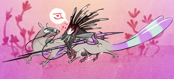 after_sex ambiguous_gender antlers blush bodily_fluids body_blush breath brown_markings claws cum cum_drip cum_on_belly cum_on_body cum_on_claws cum_on_feet cum_on_leg dripping duo feathers feet feral frill_(anatomy) genital_fluids green_eyes grey_body heart_symbol hi_res horn kayw2324 leaning leaning_forward leaning_on_another lying markings mask metal one_eye_closed orange_eyes pale_body panting pink_markings plant purple_markings rain_world scavenger_(rain_world) simple_background slugcat snort speech_bubble symbol tail tail_feathers videocult whiskers white_markings